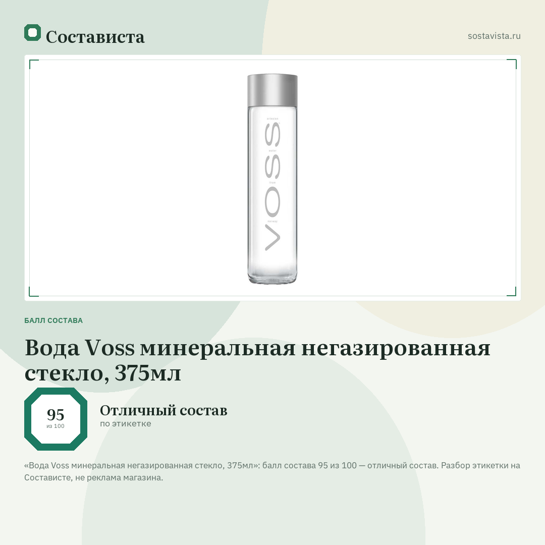 Вода Voss минеральная негазированная стекло, 375мл: балл состава 95 из 100 — Состависта