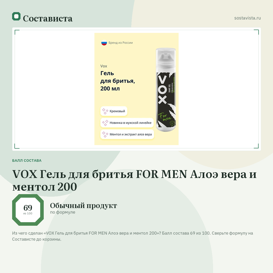 VOX Гель для бритья FOR MEN Алоэ вера и ментол 200: балл состава 69 из 100 — Состависта