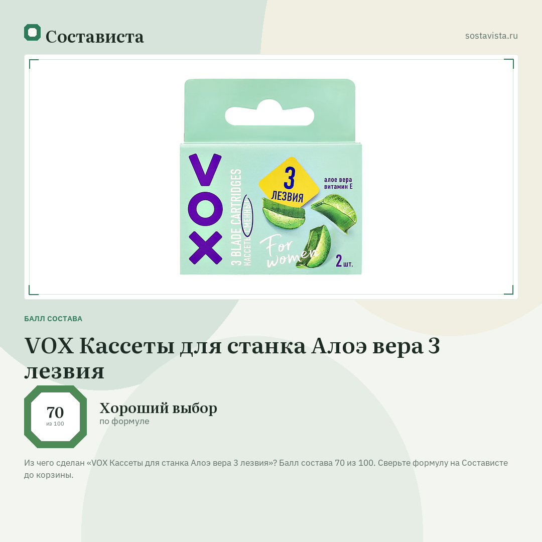VOX Кассеты для станка Алоэ вера 3 лезвия: балл состава 70 из 100 — Состависта
