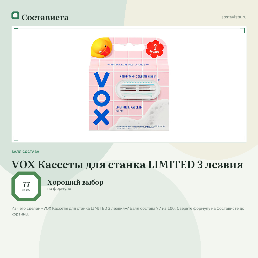 VOX Кассеты для станка LIMITED 3 лезвия: балл состава 77 из 100 — Состависта