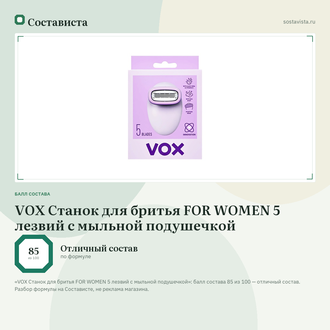 VOX Станок для бритья FOR WOMEN 5 лезвий с мыльной подушечкой: балл состава 85 из 100 — Состависта