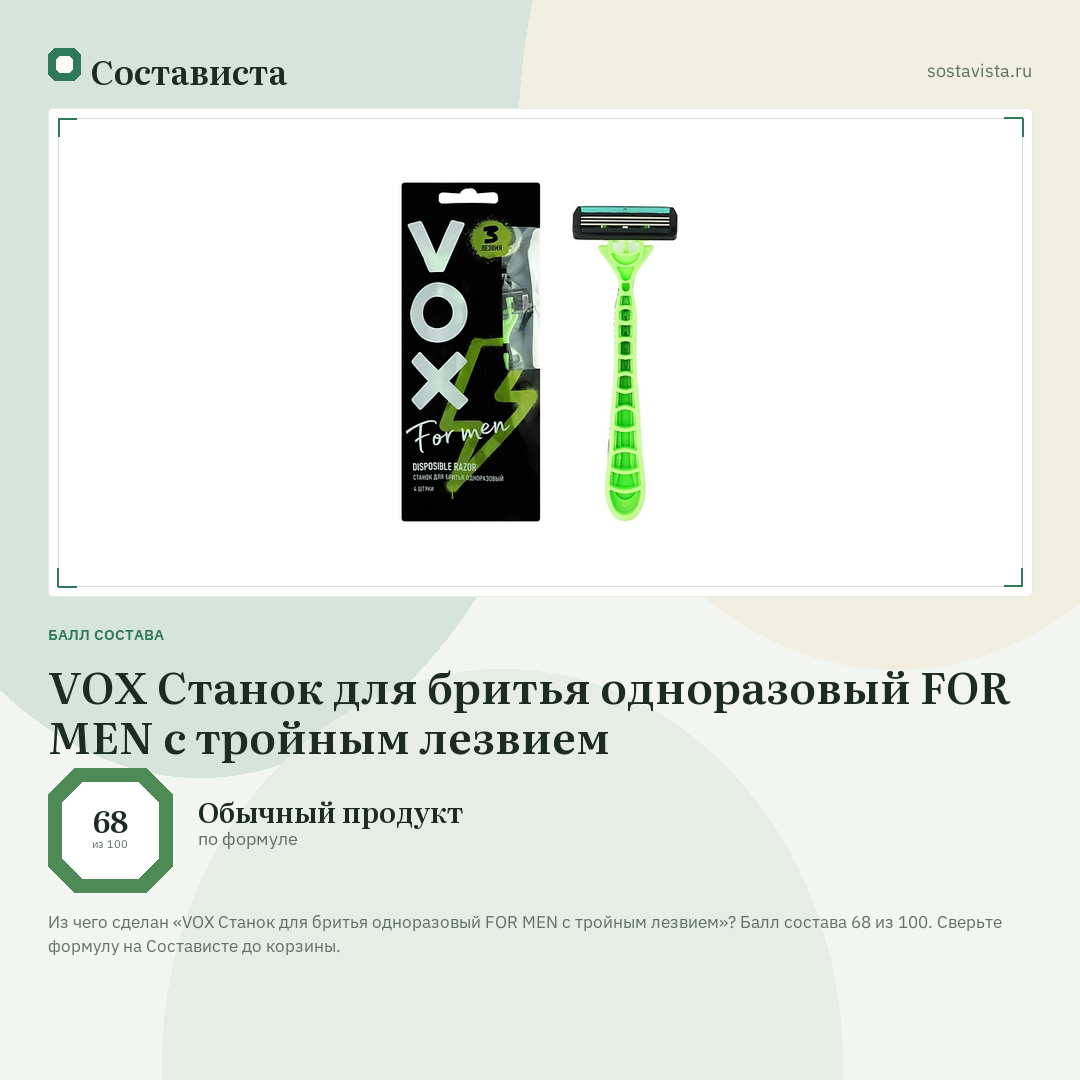 VOX Станок для бритья одноразовый FOR MEN с тройным лезвием: балл состава 68 из 100 — Состависта