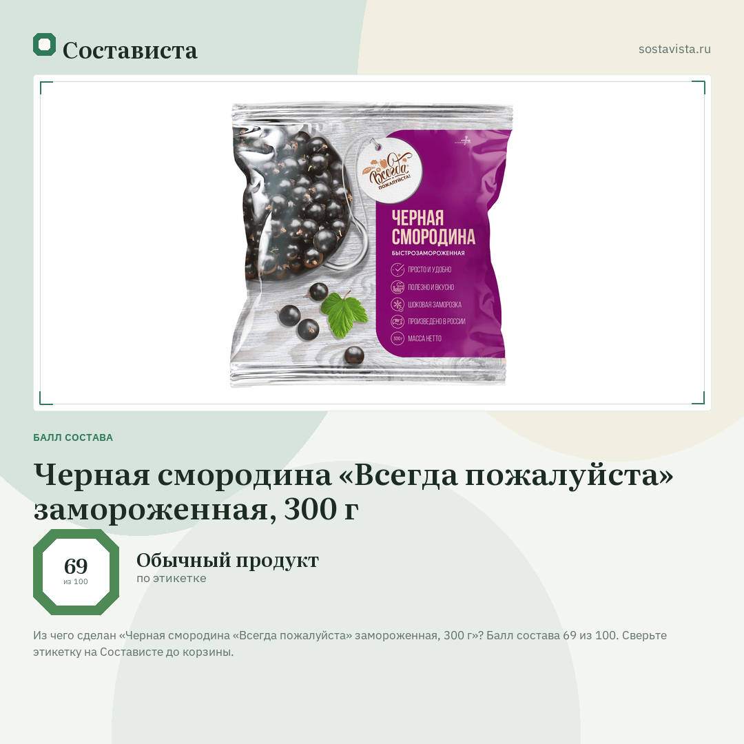 Черная смородина «Всегда пожалуйста» замороженная, 300 г: балл состава 69 из 100 — Состависта