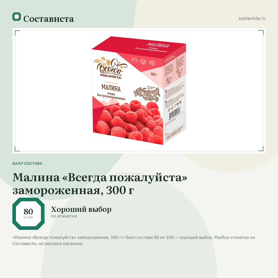 Малина «Всегда пожалуйста» замороженная, 300 г: балл состава 80 из 100 — Состависта