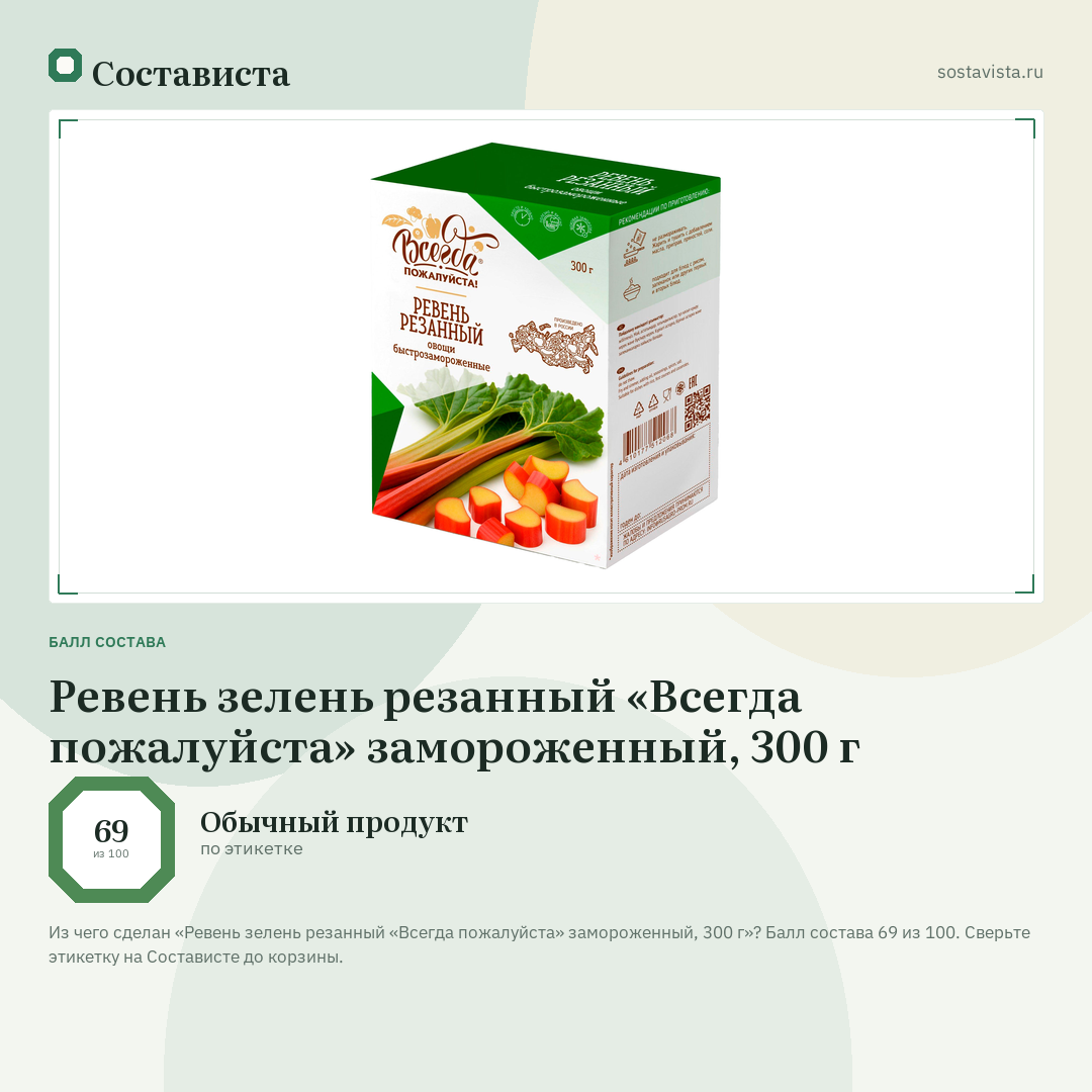 Ревень зелень резанный «Всегда пожалуйста» замороженный, 300 г: балл состава 69 из 100 — Состависта