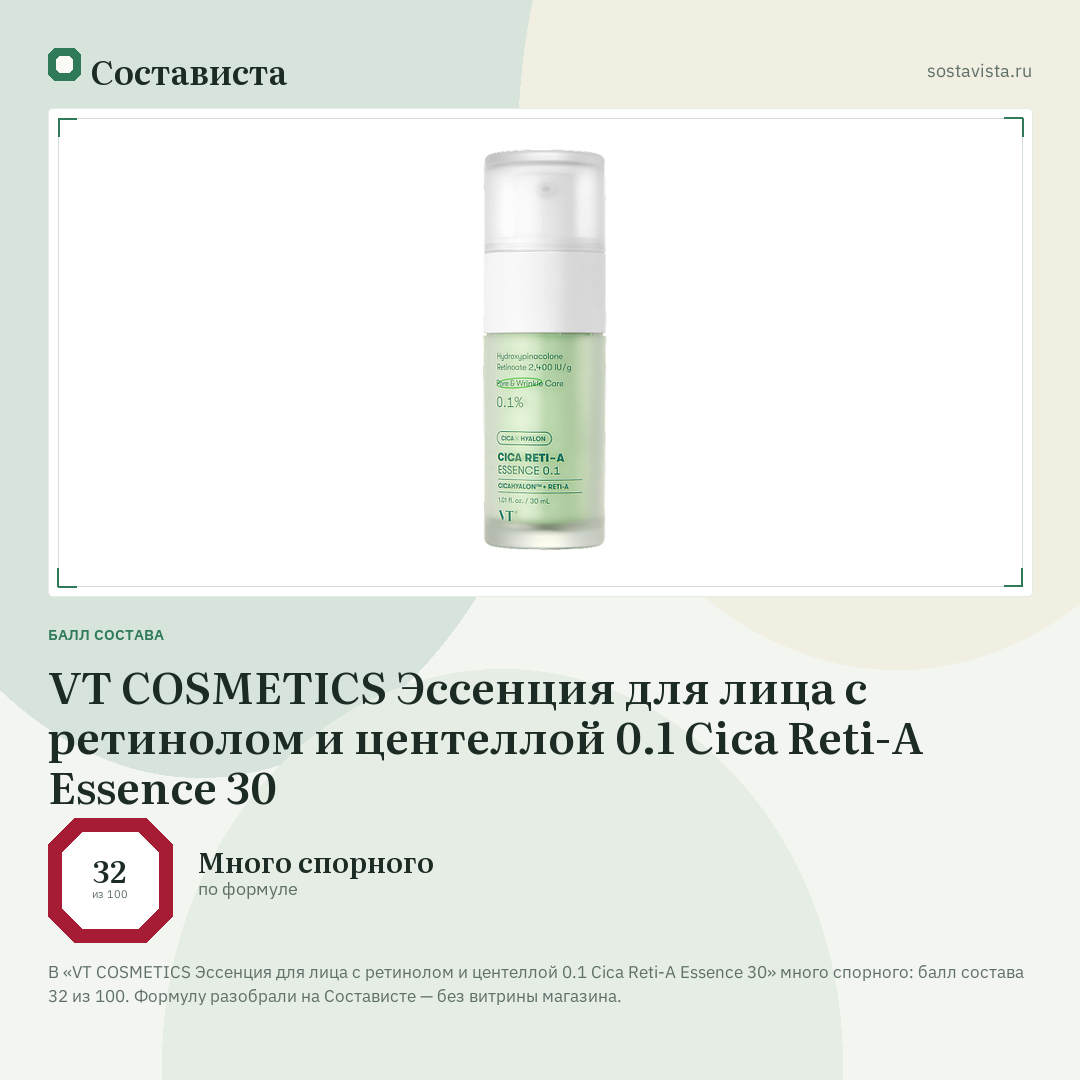 VT COSMETICS Эссенция для лица с ретинолом и центеллой 0.1 Cica Reti-A Essence 30: балл состава 32 из 100 — Состависта