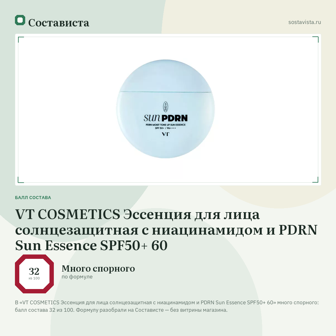 VT COSMETICS Эссенция для лица солнцезащитная с ниацинамидом и PDRN Sun Essence SPF50+ 60: балл состава 32 из 100 — Состависта