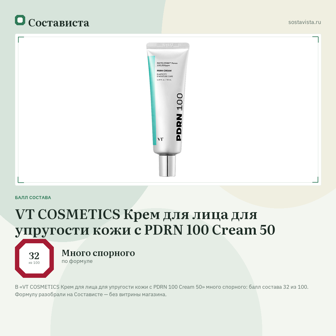 VT COSMETICS Крем для лица для упругости кожи с PDRN 100 Cream 50: балл состава 32 из 100 — Состависта