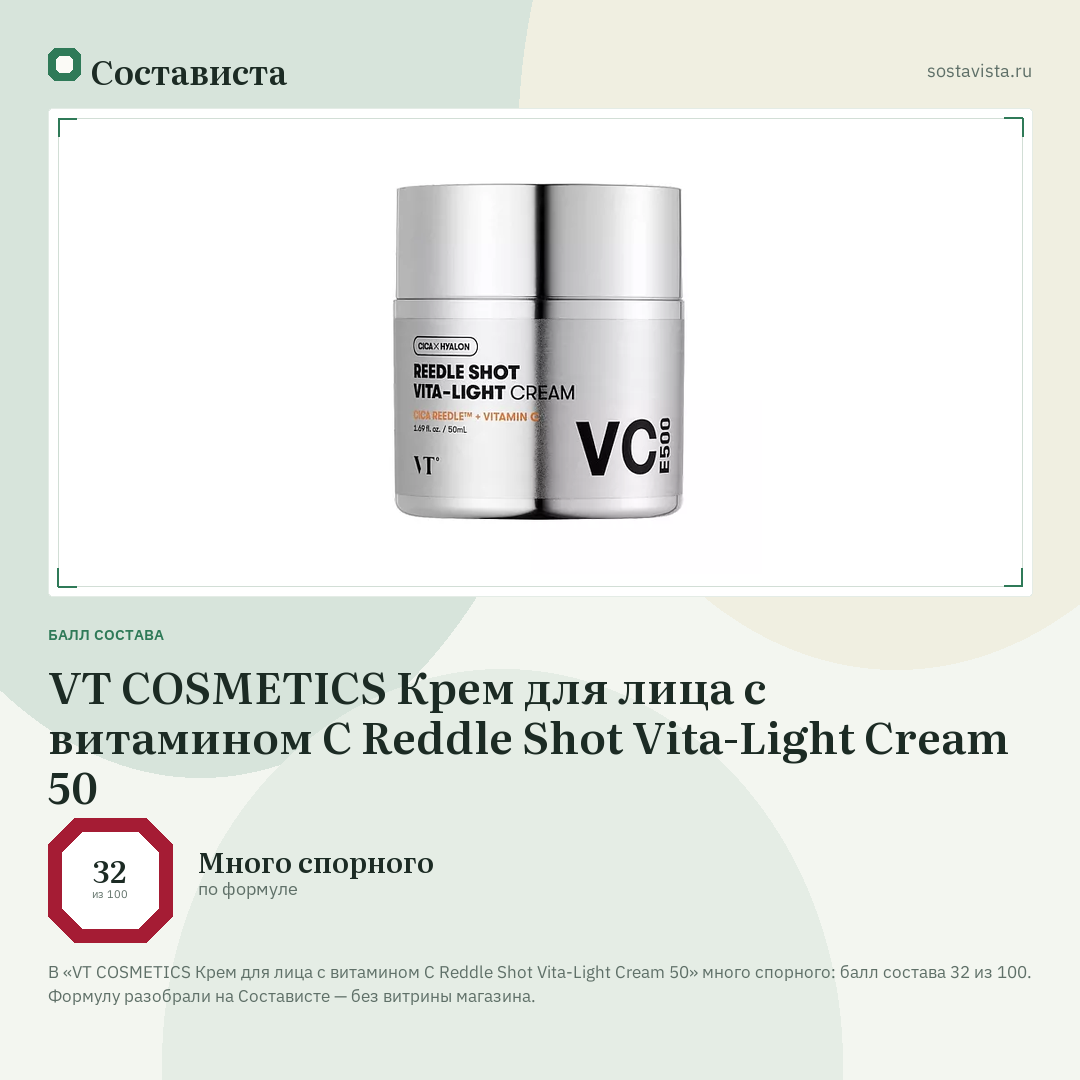 VT COSMETICS Крем для лица с витамином C Reddle Shot Vita-Light Cream 50: балл состава 32 из 100 — Состависта
