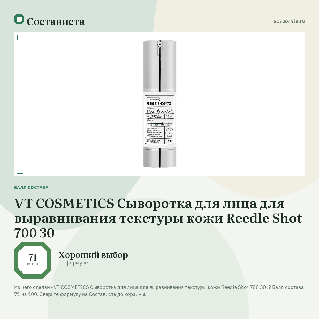 VT COSMETICS Сыворотка для лица для выравнивания текстуры кожи Reedle Shot 700 30: балл состава 71 из 100 — Состависта