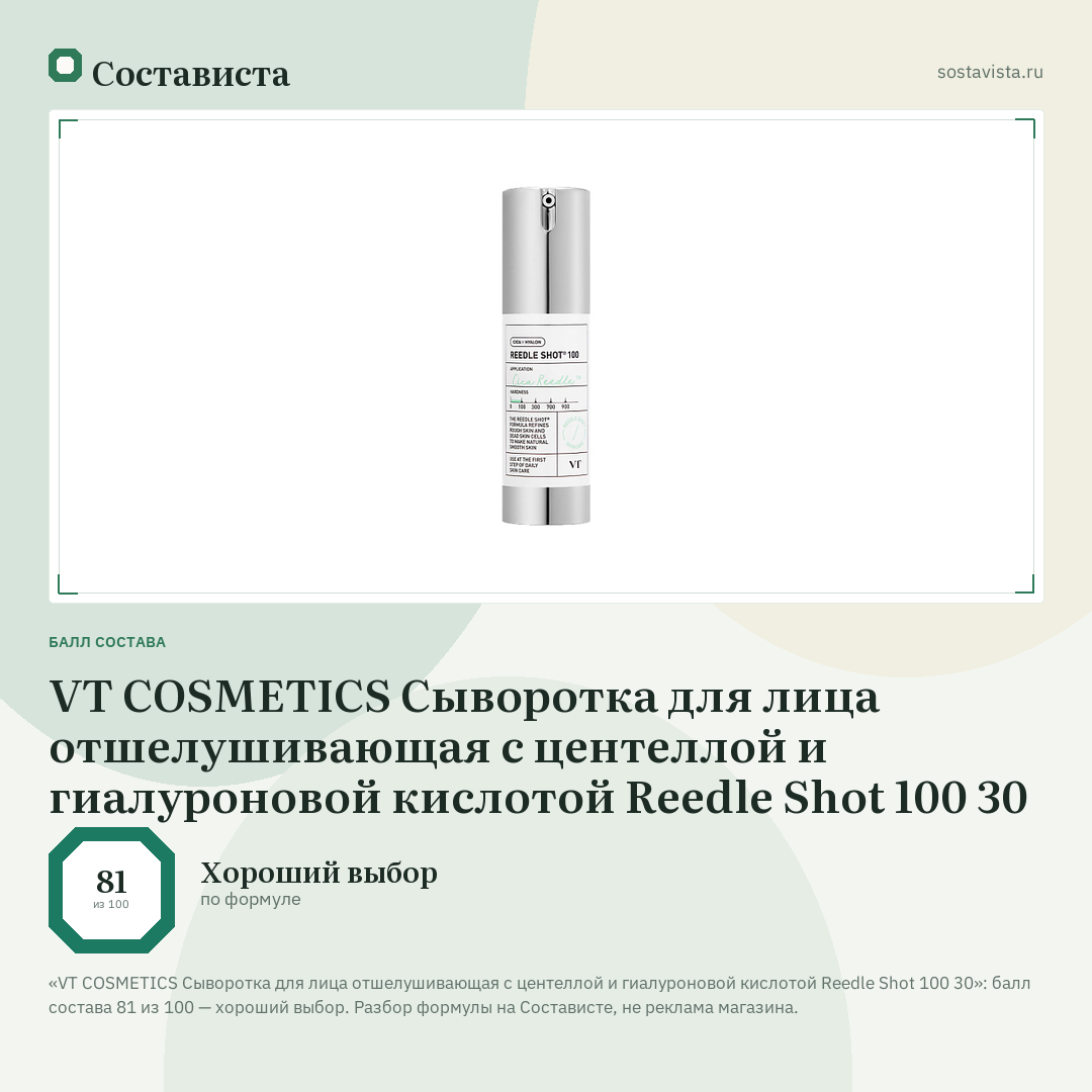VT COSMETICS Сыворотка для лица отшелушивающая с центеллой и гиалуроновой кислотой Reedle Shot 100 30: балл состава 81 из 100 — Состависта