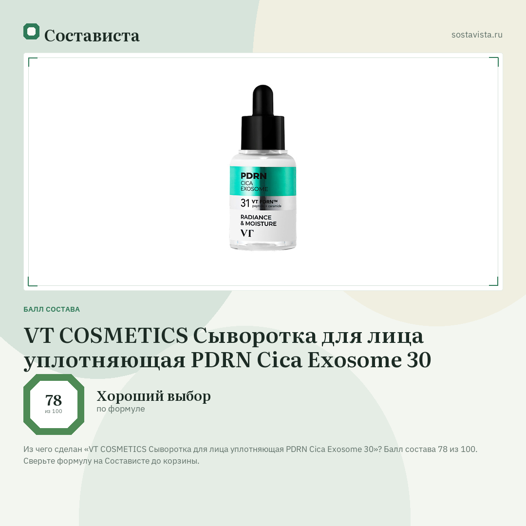 VT COSMETICS Сыворотка для лица уплотняющая PDRN Cica Exosome 30: балл состава 78 из 100 — Состависта