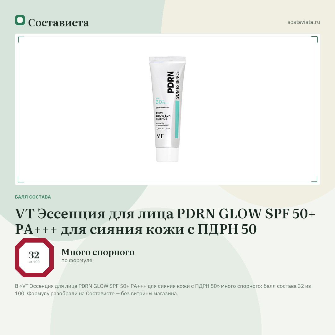VT Эссенция для лица PDRN GLOW SPF 50+ PA+++ для сияния кожи с ПДРН 50: балл состава 32 из 100 — Состависта