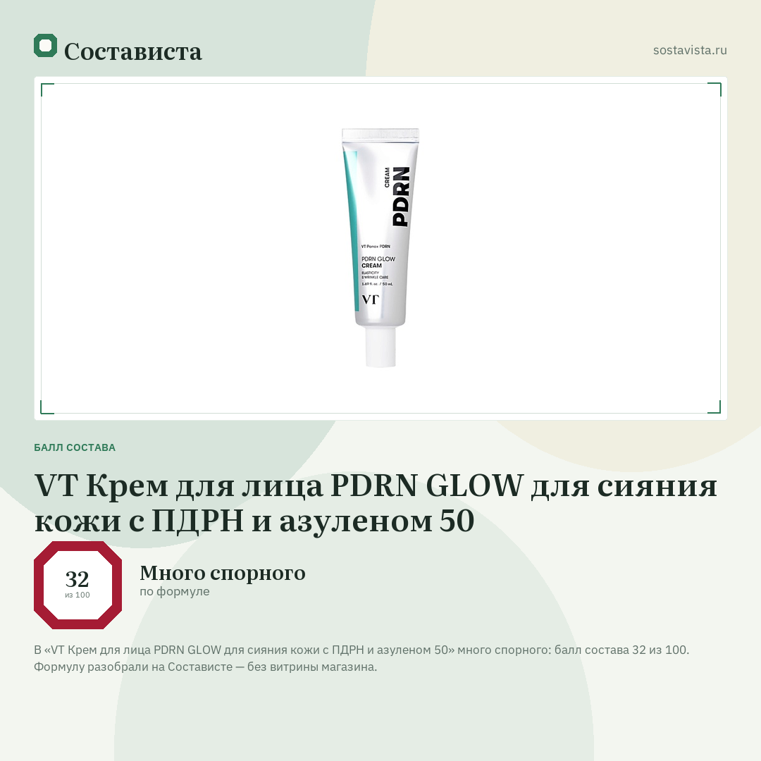 VT Крем для лица PDRN GLOW для сияния кожи с ПДРН и азуленом 50: балл состава 32 из 100 — Состависта