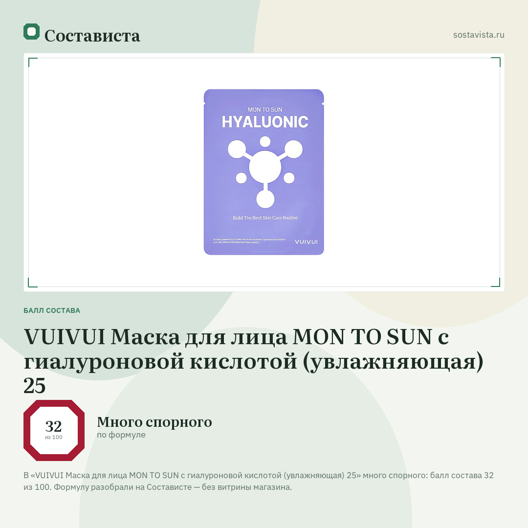 VUIVUI Маска для лица MON TO SUN с гиалуроновой кислотой (увлажняющая) 25: балл состава 32 из 100 — Состависта
