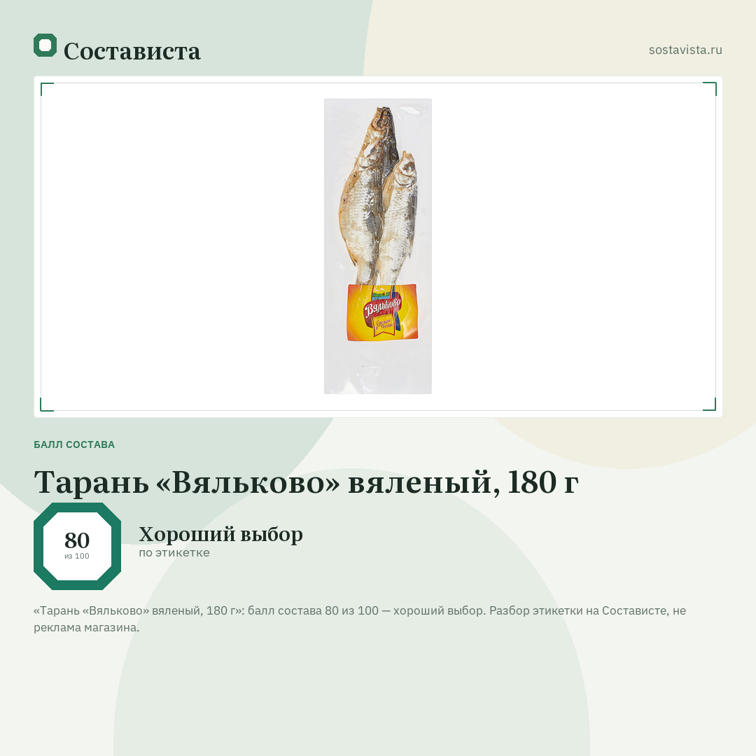 Тарань «Вяльково» вяленый, 180 г: балл состава 80 из 100 — Состависта