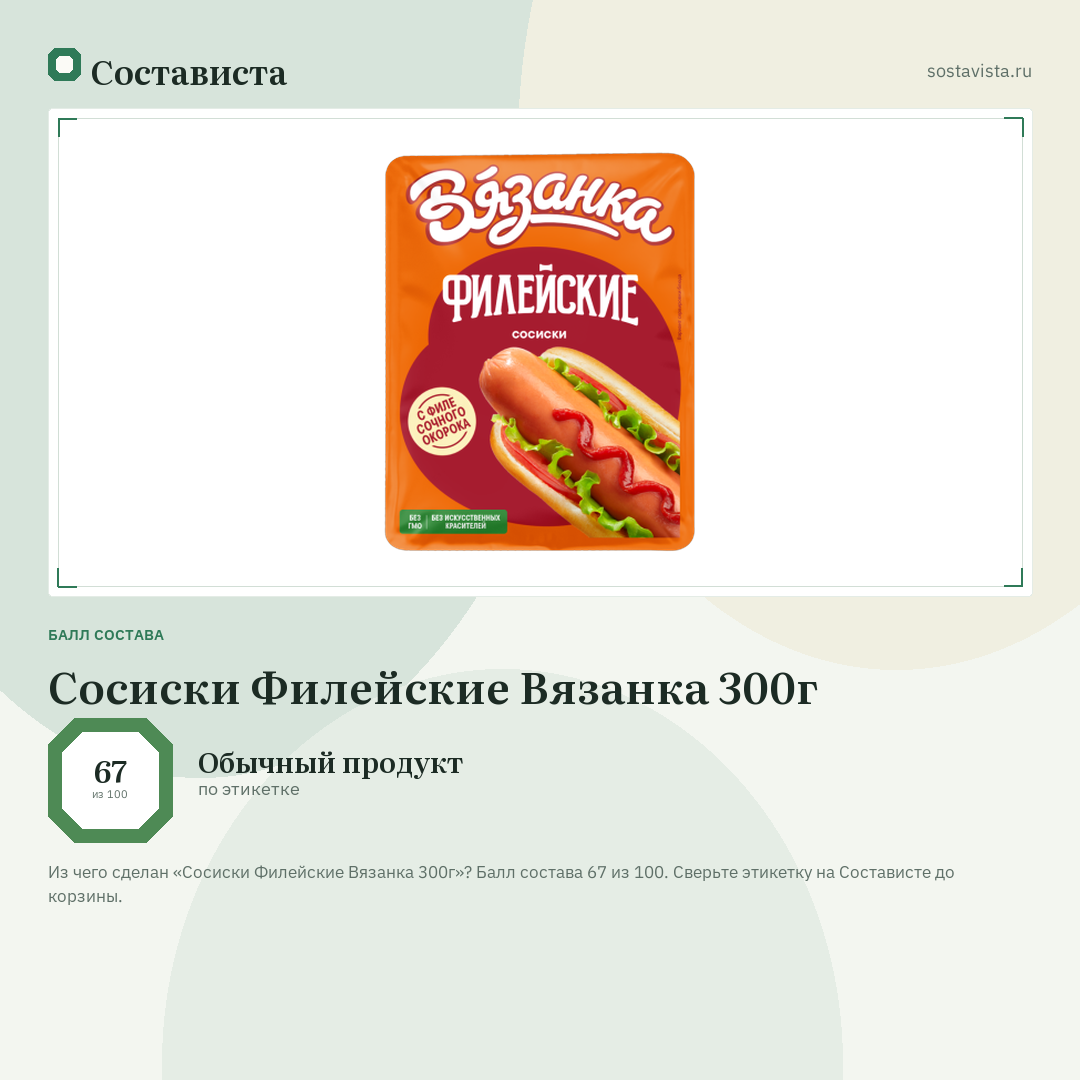 Сосиски Филейские Вязанка 300г: балл состава 67 из 100 — Состависта
