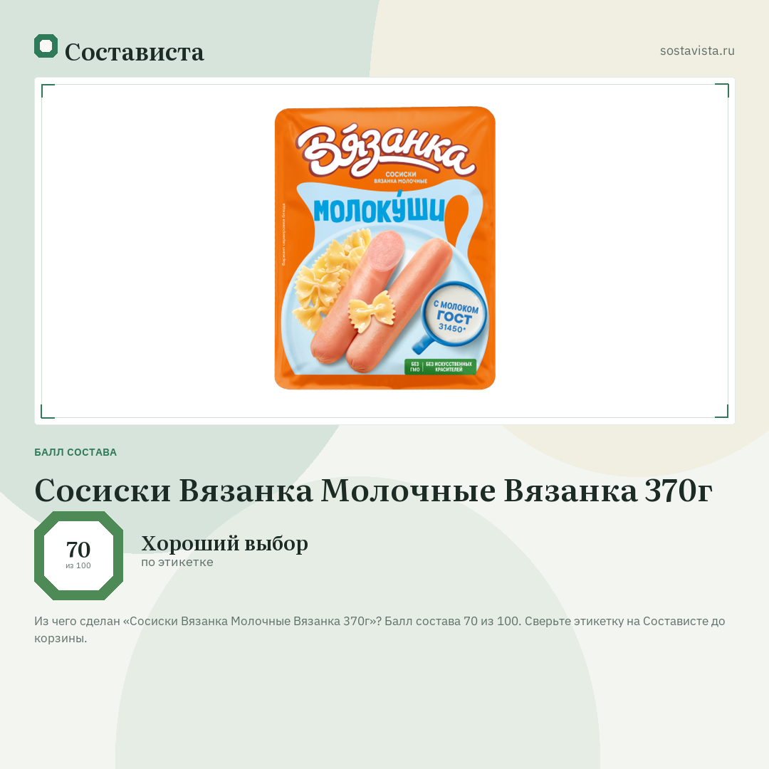 Сосиски Вязанка Молочные Вязанка 370г: балл состава 70 из 100 — Состависта