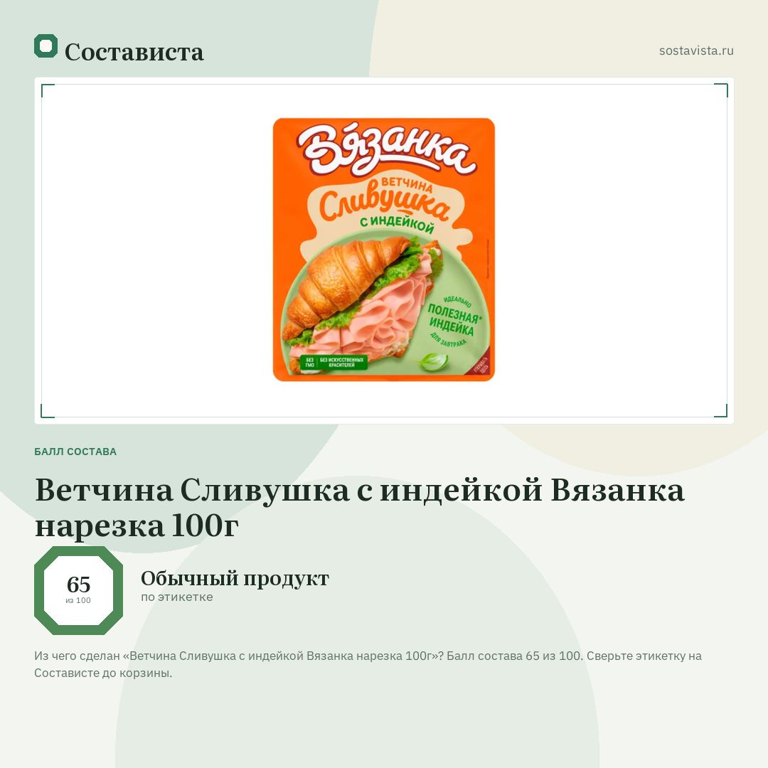 Ветчина Сливушка с индейкой Вязанка нарезка 100г: балл состава 65 из 100 — Состависта