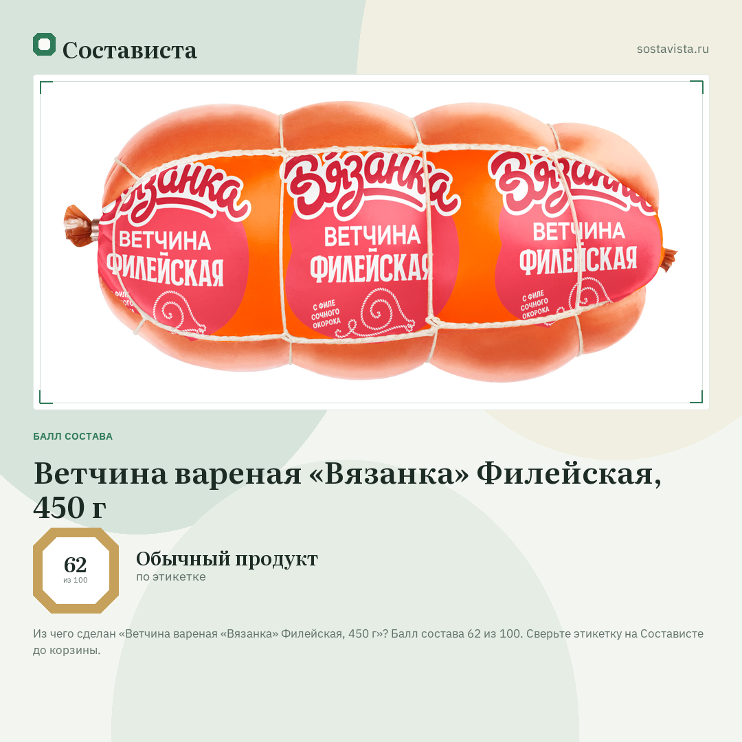 Ветчина вареная «Вязанка» Филейская, 450 г: балл состава 62 из 100 — Состависта