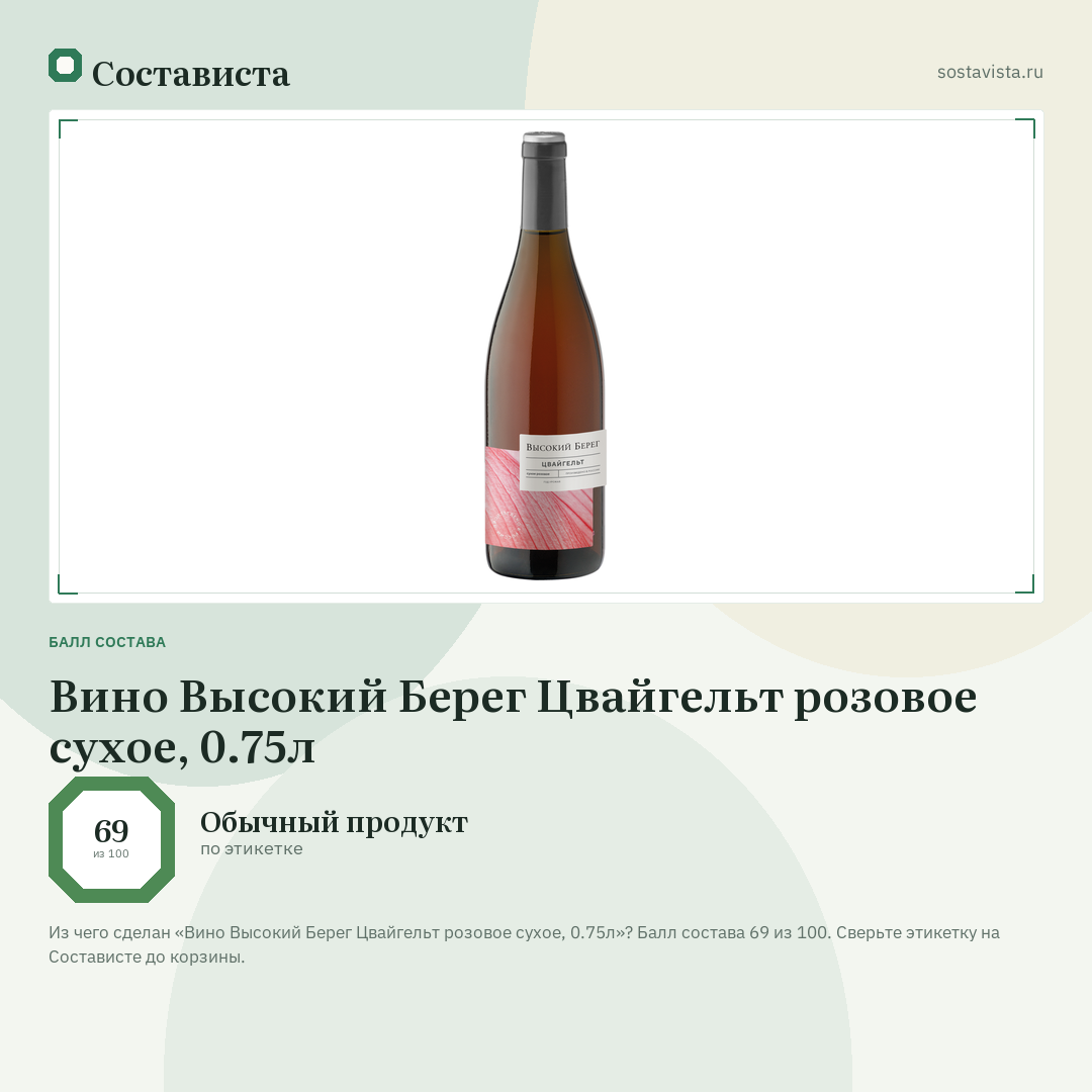 Вино Высокий Берег Цвайгельт розовое сухое, 0.75л: балл состава 69 из 100 — Состависта