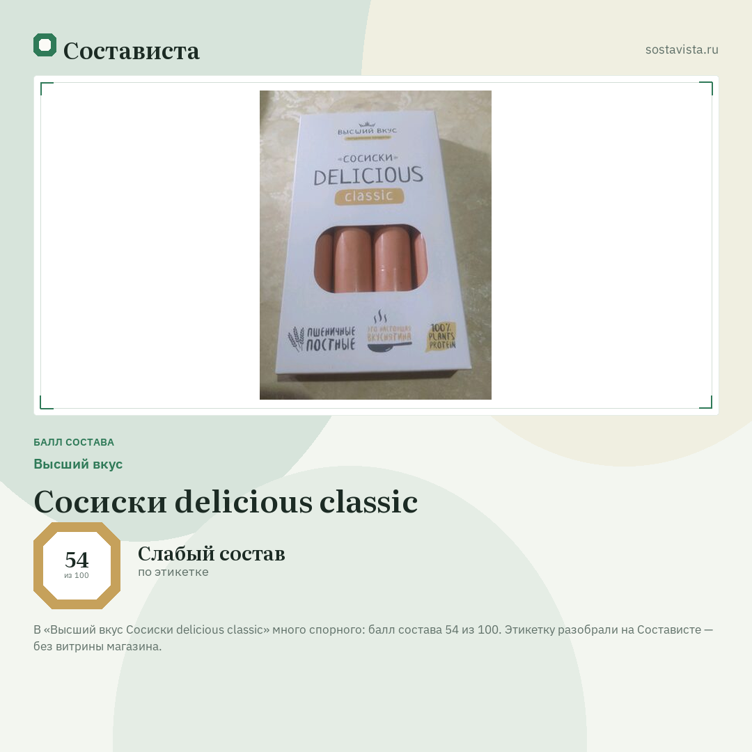 Высший вкус Сосиски delicious classic: балл состава 54 из 100 — Состависта