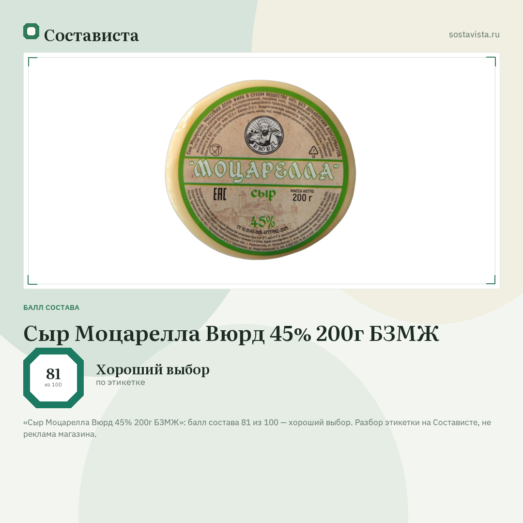 Сыр Моцарелла Вюрд 45% 200г БЗМЖ: балл состава 81 из 100 — Состависта