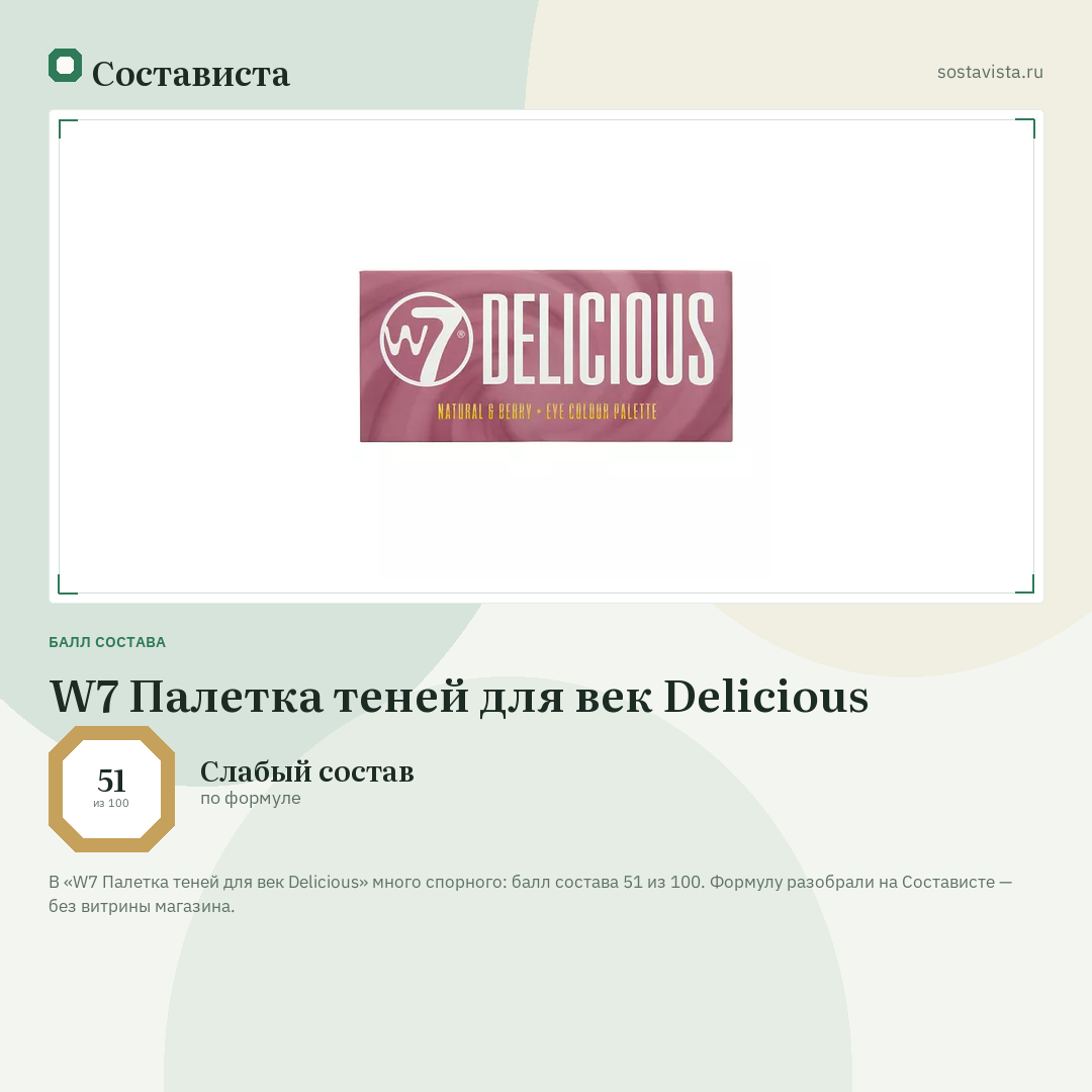 W7 Палетка теней для век Delicious: балл состава 51 из 100 — Состависта