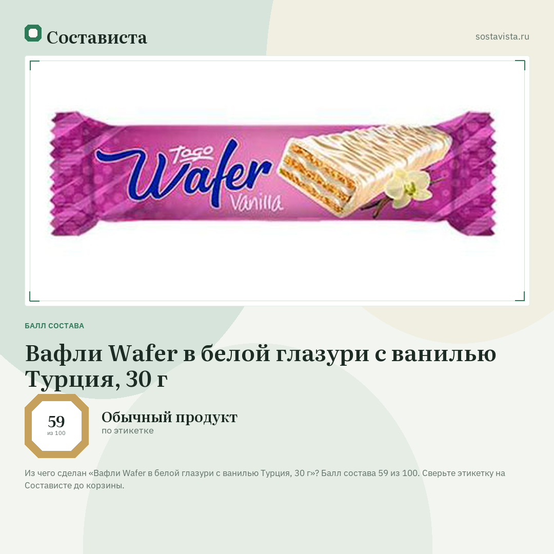 Вафли Wafer в белой глазури с ванилью Турция, 30 г: балл состава 59 из 100 — Состависта