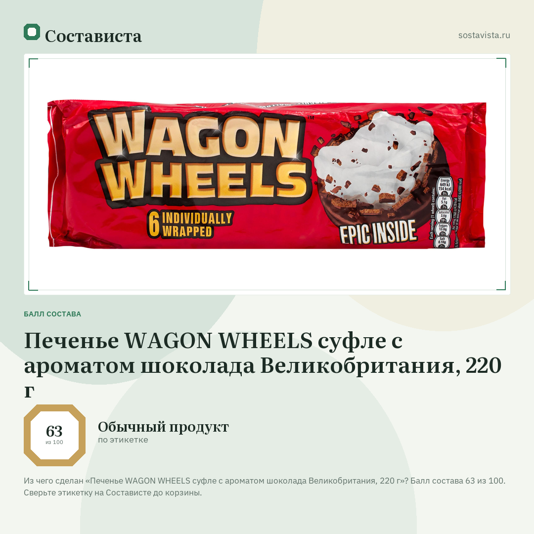 Печенье WAGON WHEELS суфле с ароматом шоколада Великобритания, 220 г: балл состава 63 из 100 — Состависта