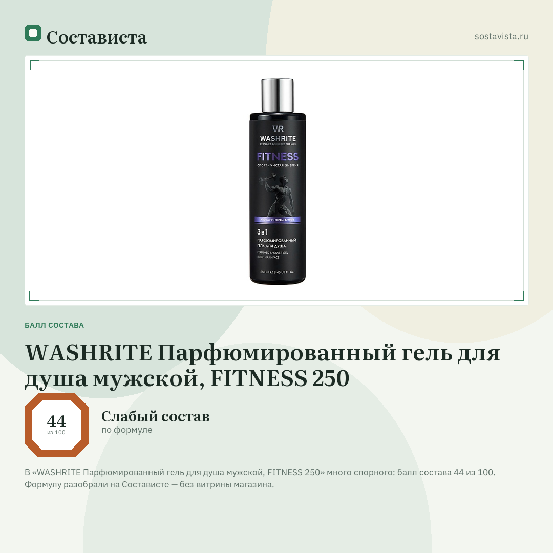 WASHRITE Парфюмированный гель для душа мужской, FITNESS 250: балл состава 44 из 100 — Состависта