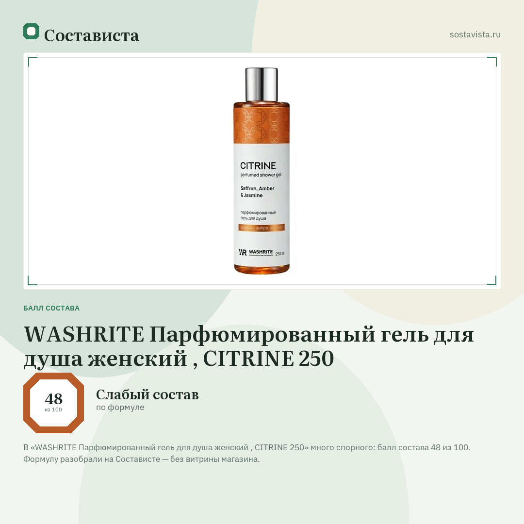 WASHRITE Парфюмированный гель для душа женский , CITRINE 250: балл состава 48 из 100 — Состависта