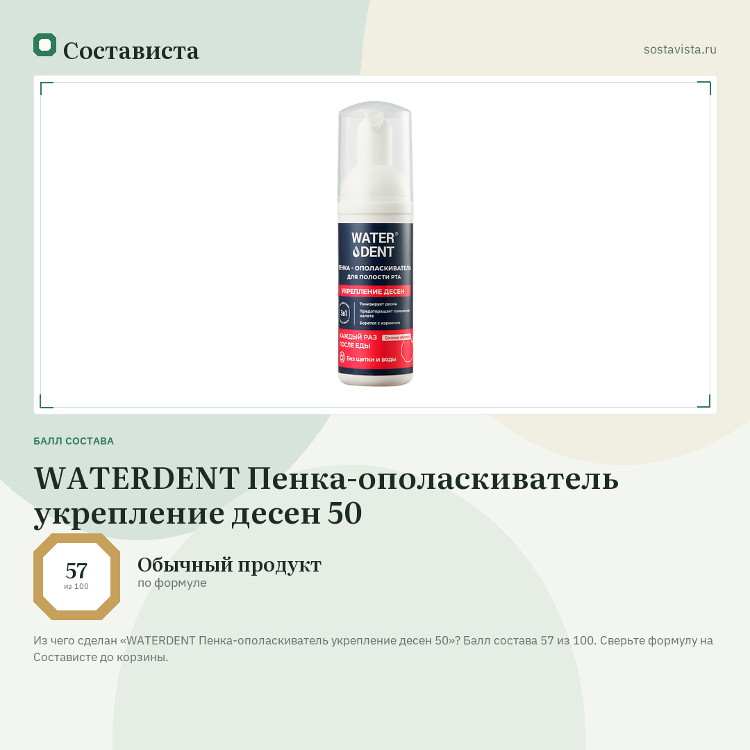 WATERDENT Пенка-ополаскиватель укрепление десен 50: балл состава 57 из 100 — Состависта