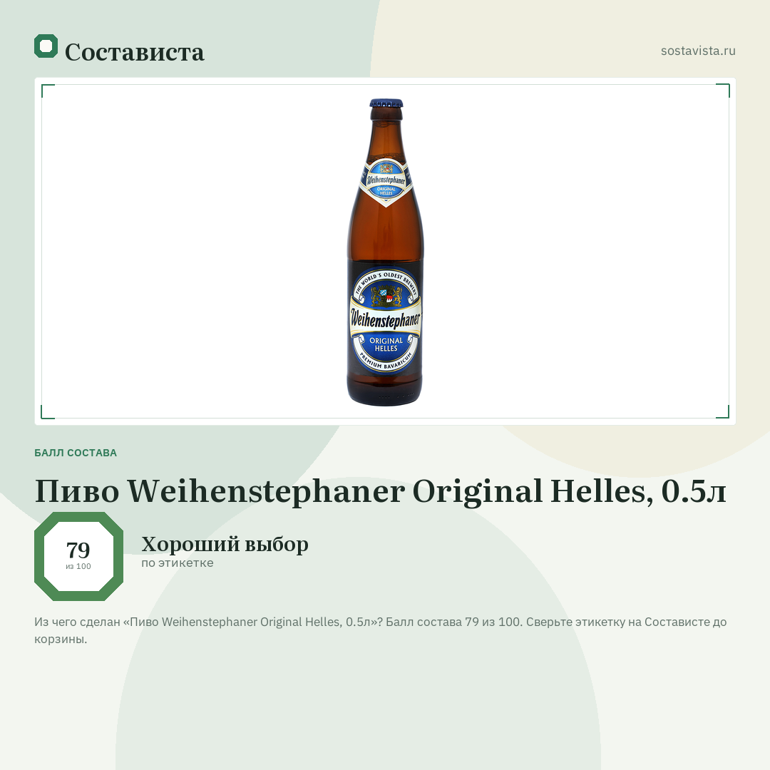 Пиво Weihenstephaner Original Helles, 0.5л: балл состава 79 из 100 — Состависта