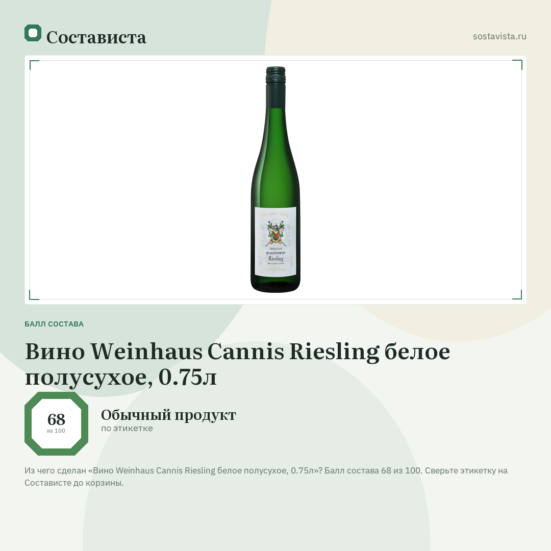 Вино Weinhaus Cannis Riesling белое полусухое, 0.75л: балл состава 68 из 100 — Состависта