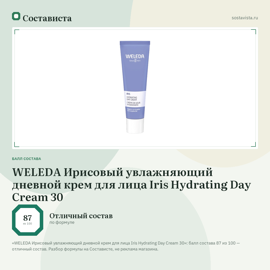 WELEDA Ирисовый увлажняющий дневной крем для лица Iris Hydrating Day Cream 30: балл состава 87 из 100 — Состависта