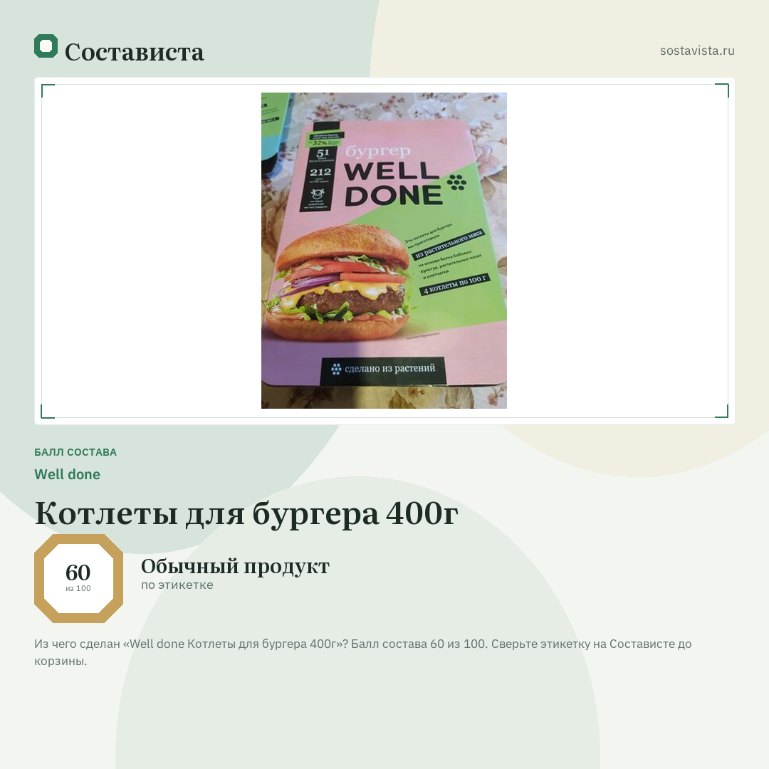 Well done Котлеты для бургера 400г: балл состава 60 из 100 — Состависта