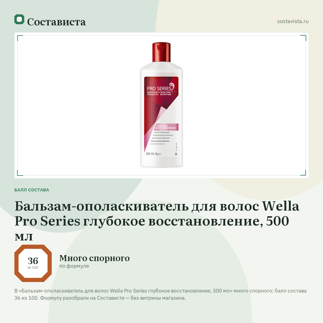 Бальзам-ополаскиватель для волос Wella Pro Series глубокое восстановление, 500 мл: балл состава 36 из 100 — Состависта