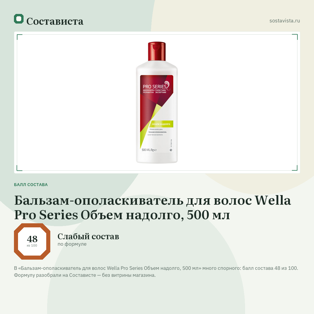Бальзам-ополаскиватель для волос Wella Pro Series Объем надолго, 500 мл: балл состава 48 из 100 — Состависта