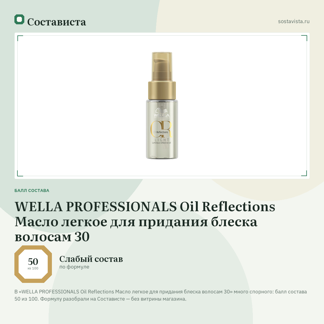 WELLA PROFESSIONALS Oil Reflections Масло легкое для придания блеска волосам 30: балл состава 50 из 100 — Состависта