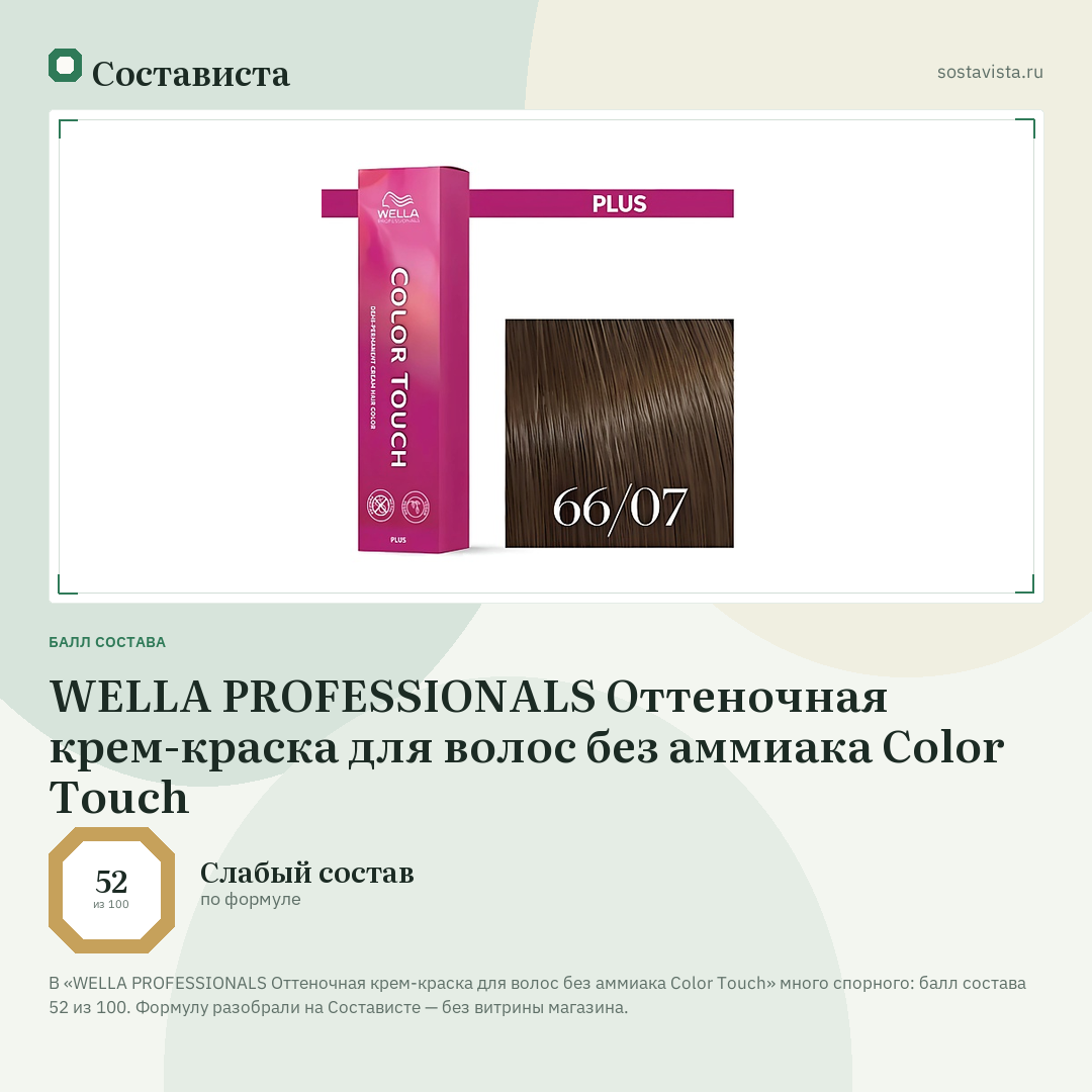 WELLA PROFESSIONALS Оттеночная крем-краска для волос без аммиака Color Touch: балл состава 52 из 100 — Состависта