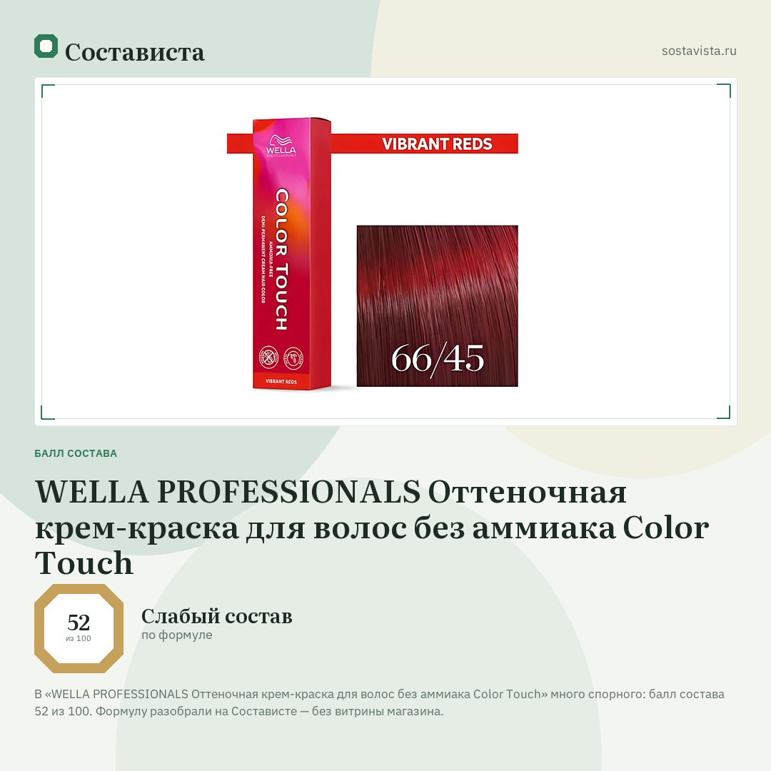 WELLA PROFESSIONALS Оттеночная крем-краска для волос без аммиака Color Touch: балл состава 52 из 100 — Состависта
