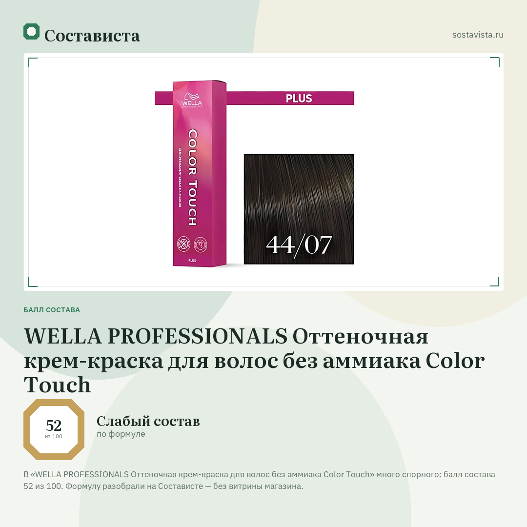 WELLA PROFESSIONALS Оттеночная крем-краска для волос без аммиака Color Touch: балл состава 52 из 100 — Состависта