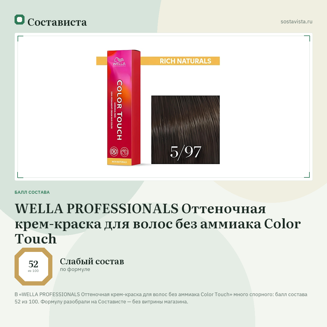WELLA PROFESSIONALS Оттеночная крем-краска для волос без аммиака Color Touch: балл состава 52 из 100 — Состависта
