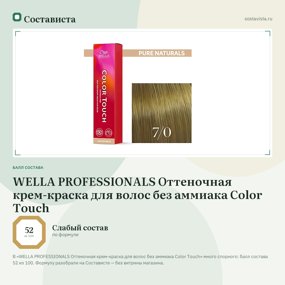 WELLA PROFESSIONALS Оттеночная крем-краска для волос без аммиака Color Touch: балл состава 52 из 100 — Состависта