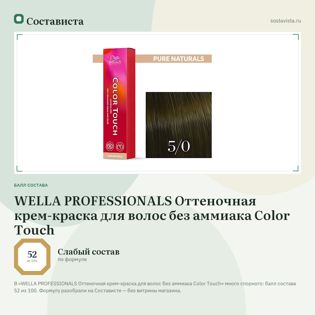 WELLA PROFESSIONALS Оттеночная крем-краска для волос без аммиака Color Touch: балл состава 52 из 100 — Состависта
