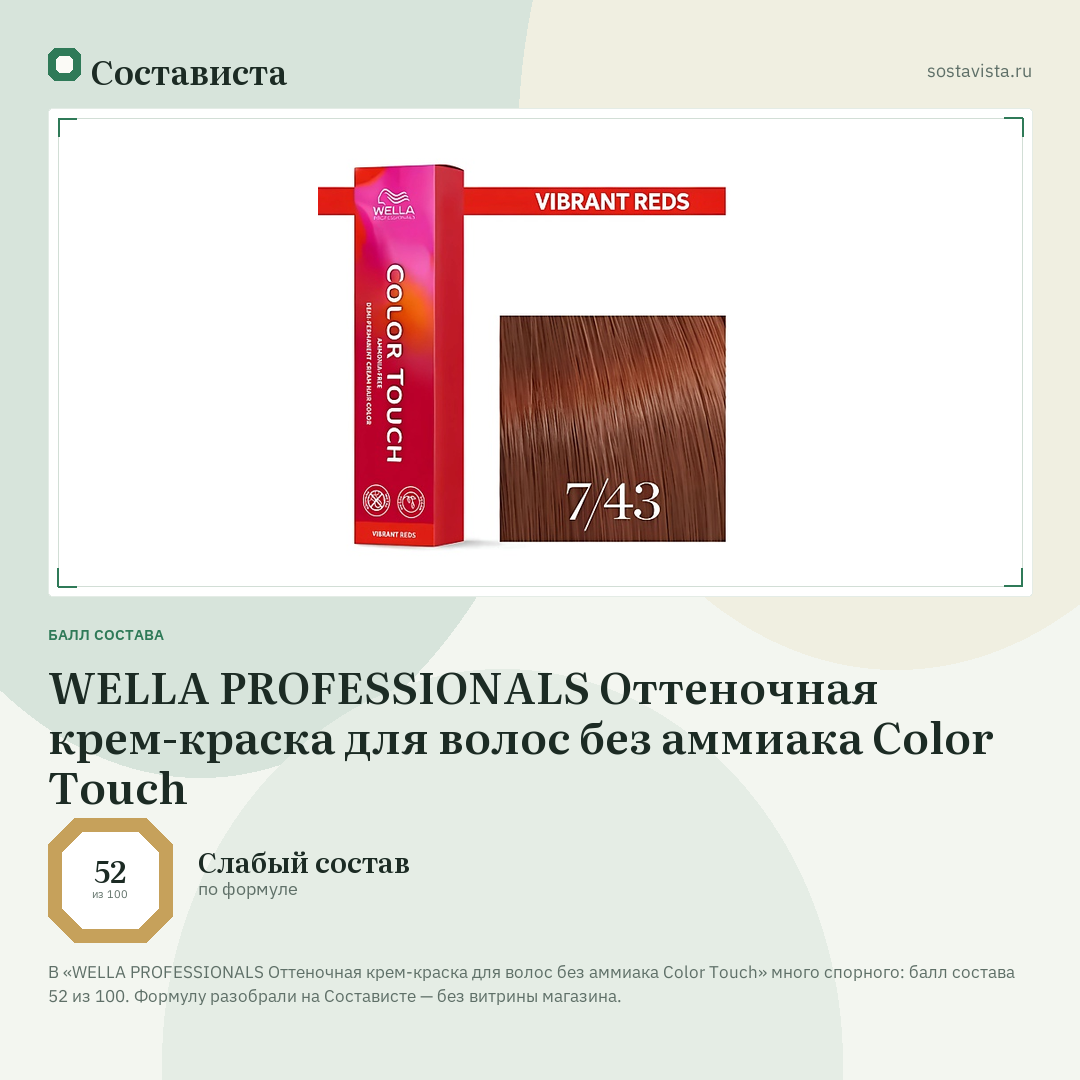 WELLA PROFESSIONALS Оттеночная крем-краска для волос без аммиака Color Touch: балл состава 52 из 100 — Состависта