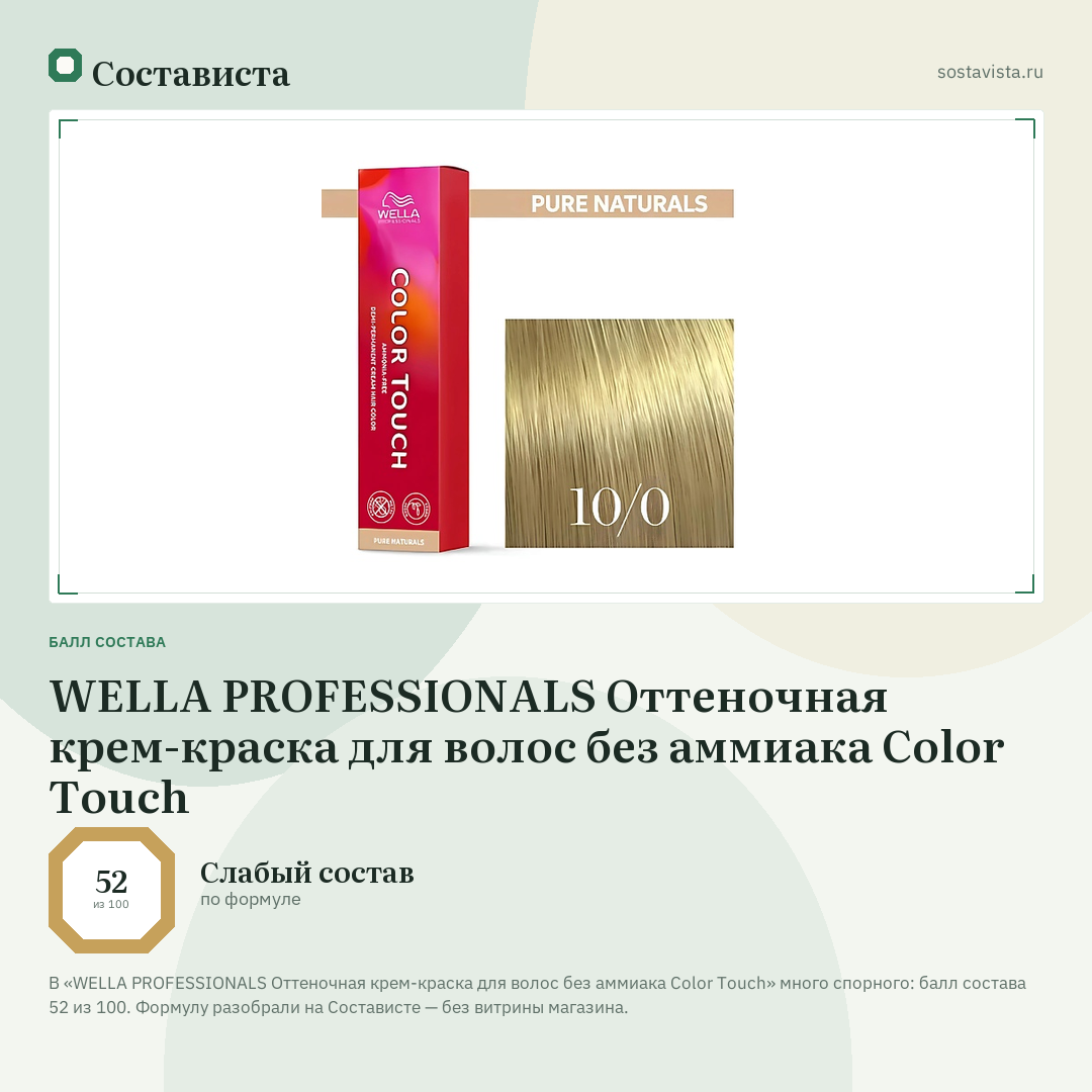 WELLA PROFESSIONALS Оттеночная крем-краска для волос без аммиака Color Touch: балл состава 52 из 100 — Состависта