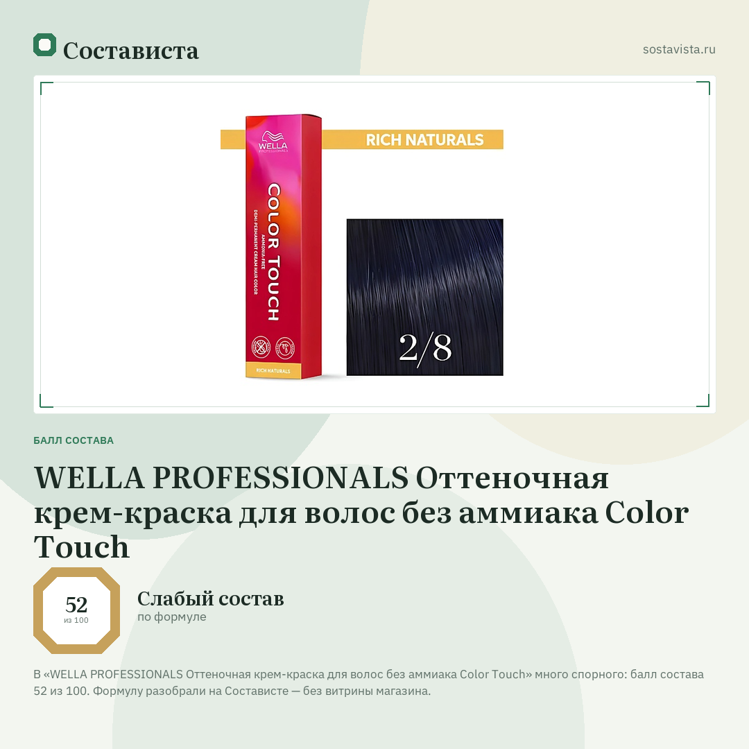 WELLA PROFESSIONALS Оттеночная крем-краска для волос без аммиака Color Touch: балл состава 52 из 100 — Состависта