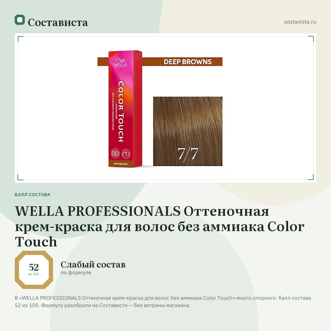 WELLA PROFESSIONALS Оттеночная крем-краска для волос без аммиака Color Touch: балл состава 52 из 100 — Состависта